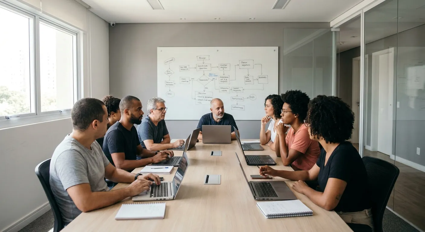 Equipe reunida discutindo um fluxograma no quadro branco