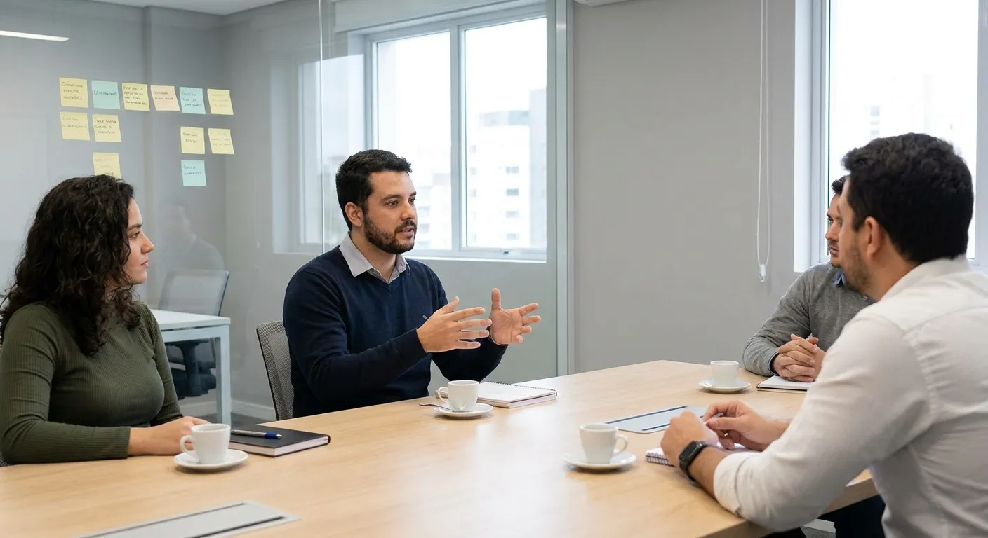 Colegas em conversa ao redor da mesa com café