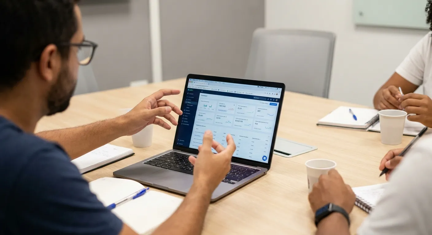 Profissional analisando um dashboard de indicadores no laptop